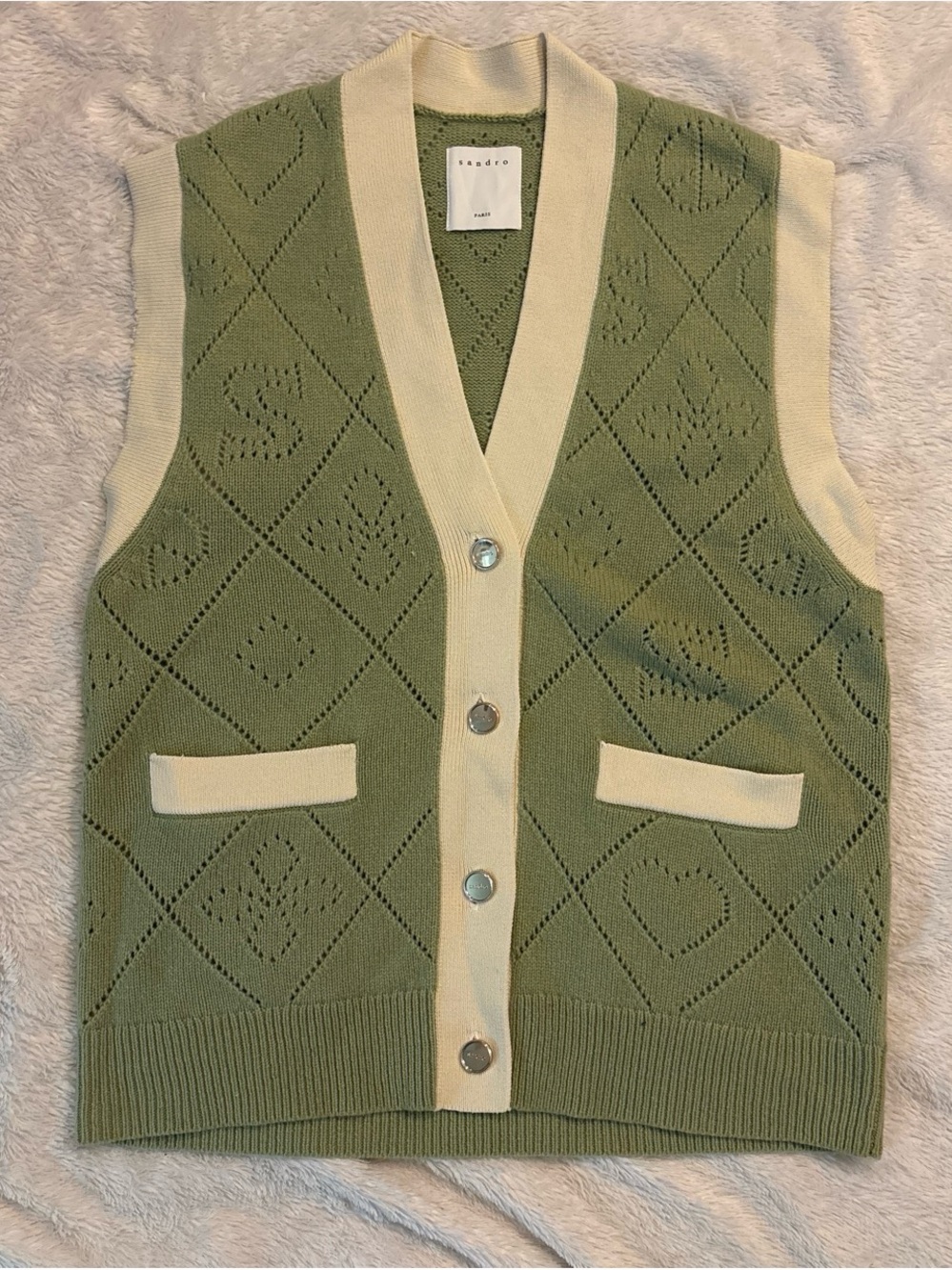 Sandro Sage Green & Cream Knit V-Neck Button Vest